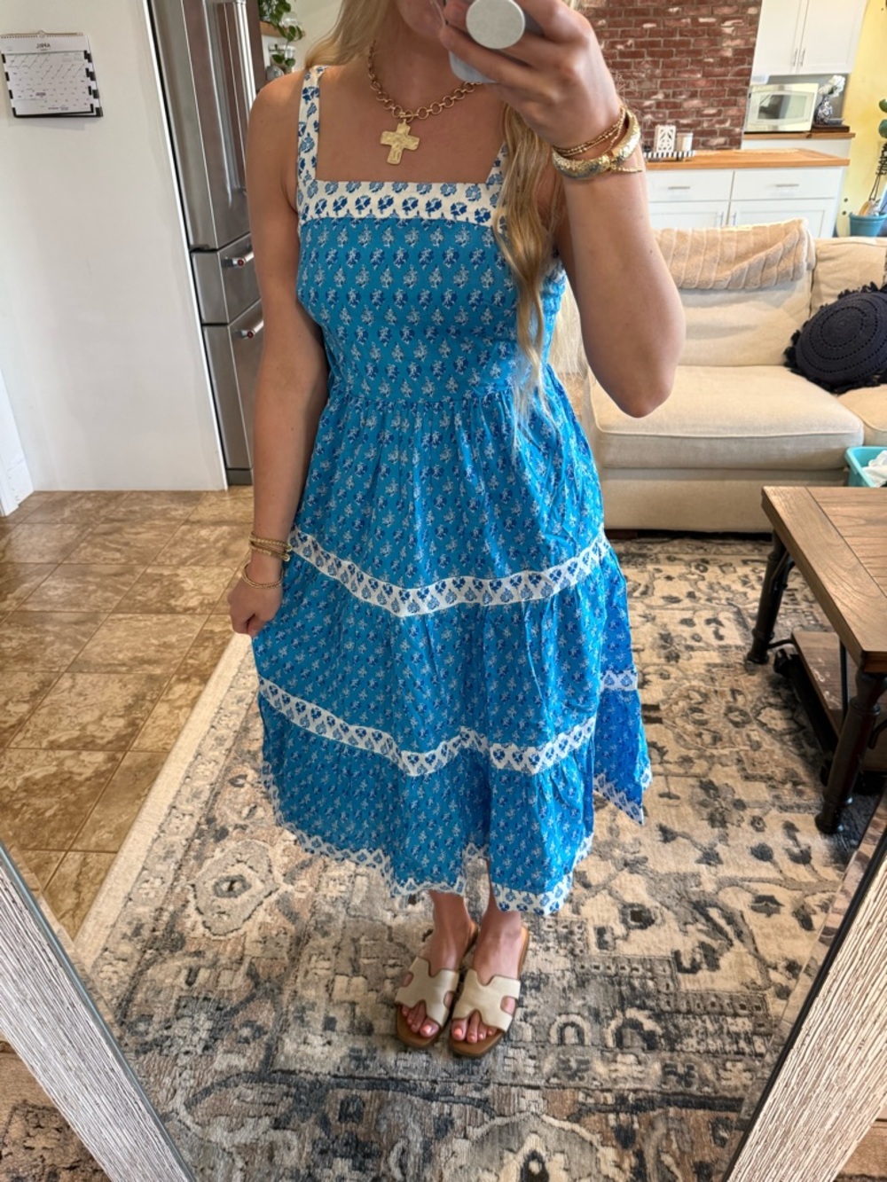 J. Crew Blue Floral Tiered Midi Dress with White Trim